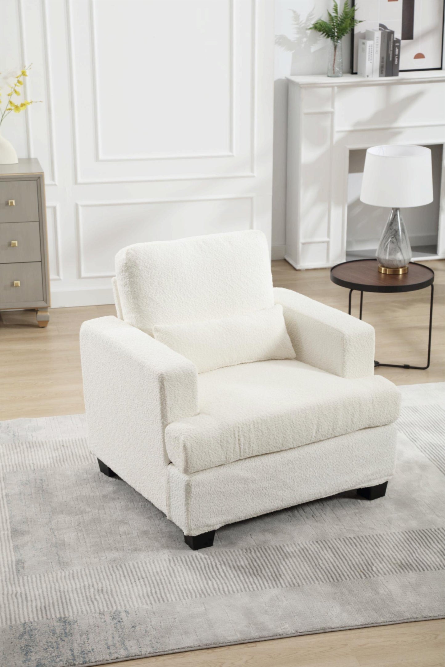 Contemporary 37 Modern Chair with Square Armrest, Removable Back Cushion, and Waist Pillow (White & Gray Fabric)