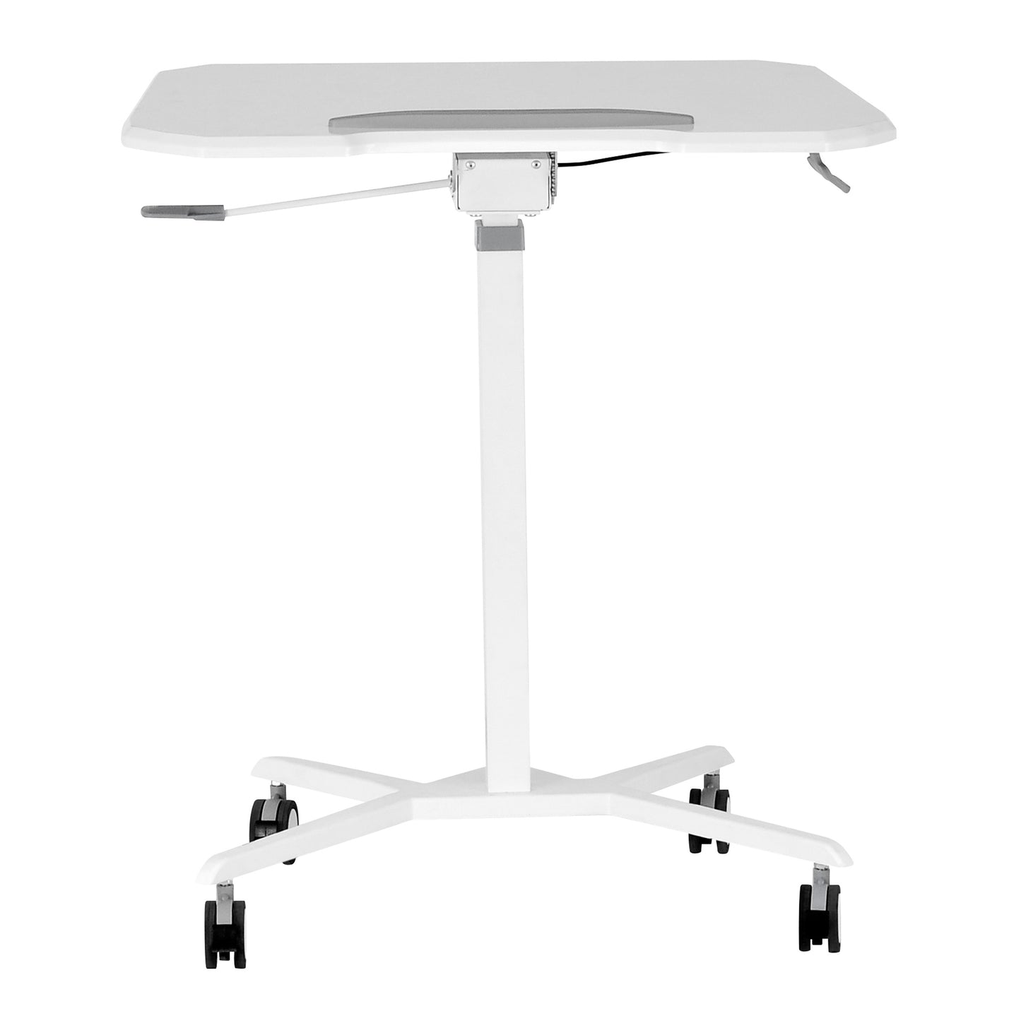 Adjustable White Laptop Stand with Tilt Tabletop and Rolling Mechanism