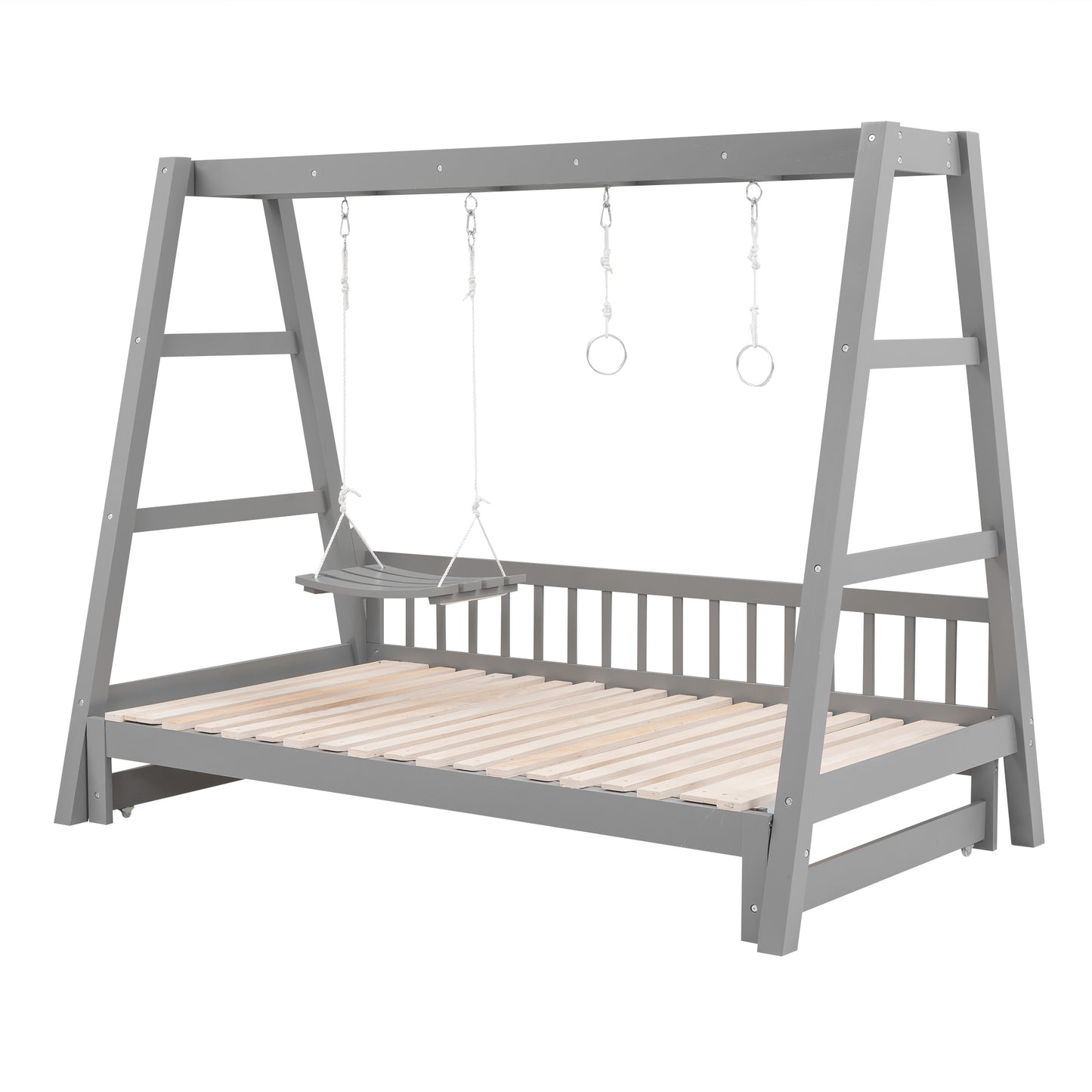 Extendable Twin Daybed with Swing and Ring Handles, Gray(Twin bed can be pulled out to be King)