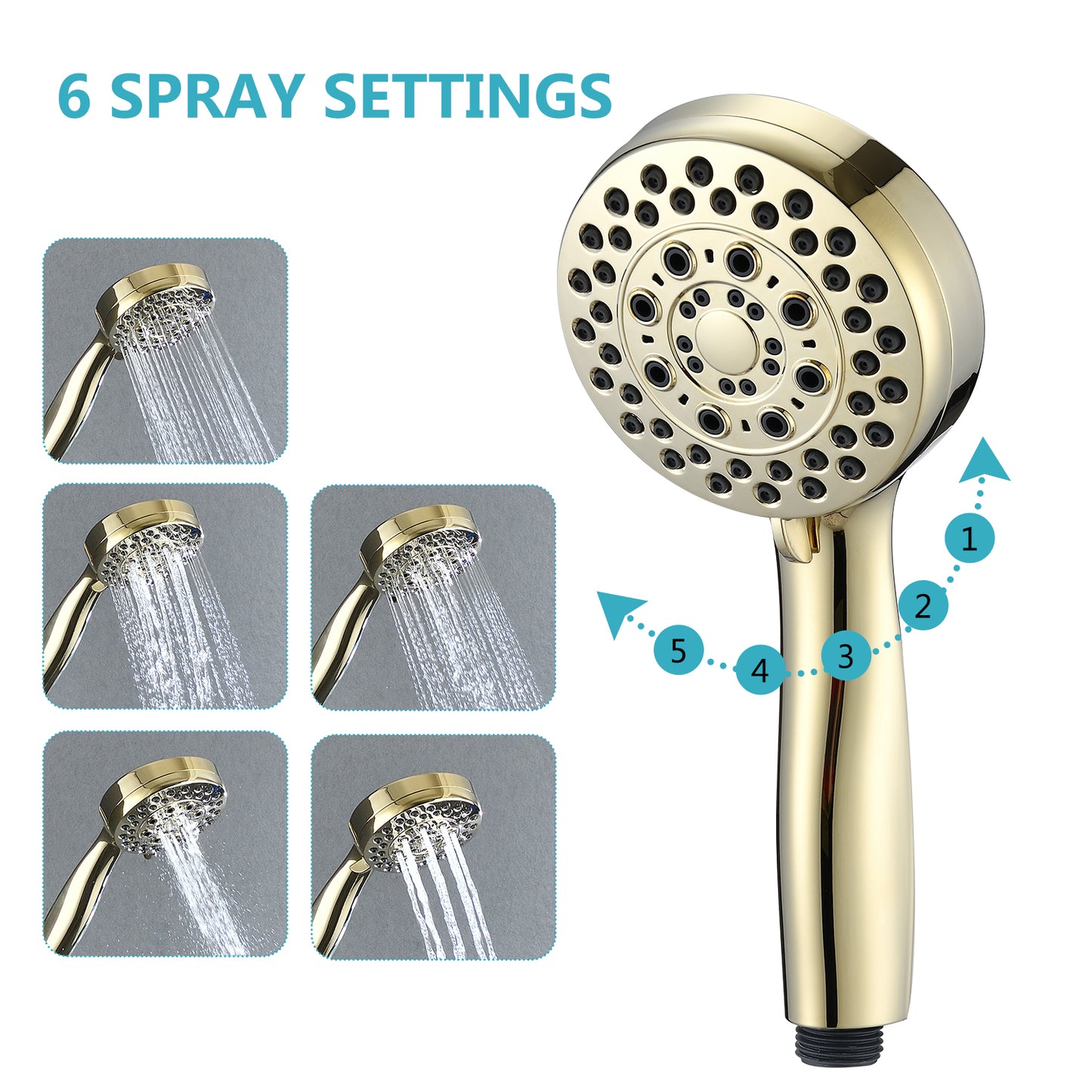 Luxurious High Pressure Gold Handheld Shower Head with Versatile Settings