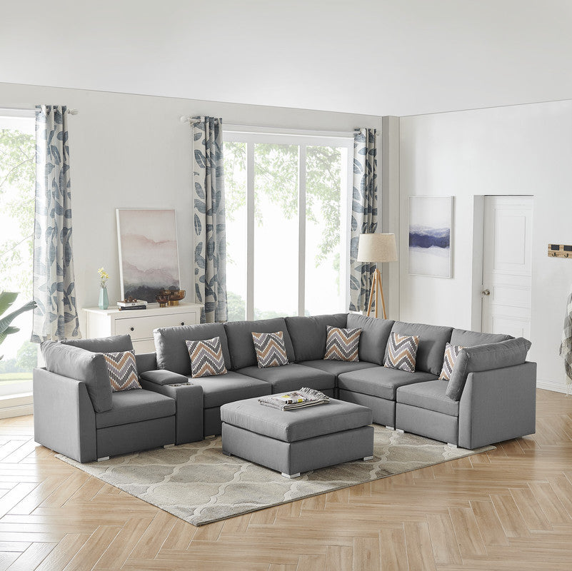 Gray Fabric Modular Sectional Sofa with USB Console and Ottoman