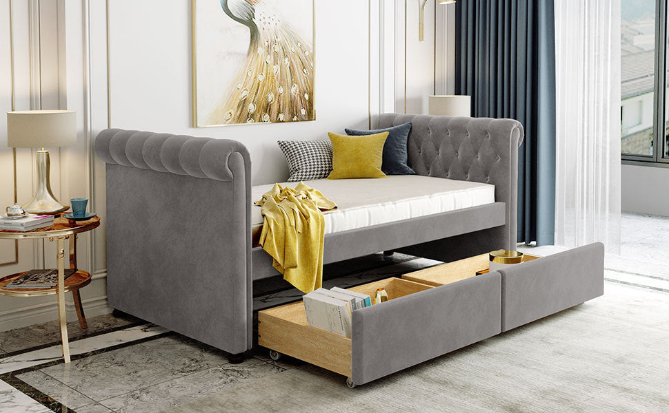 Twin Size Upholstered daybed with Drawers, Wood Slat Support, Gray