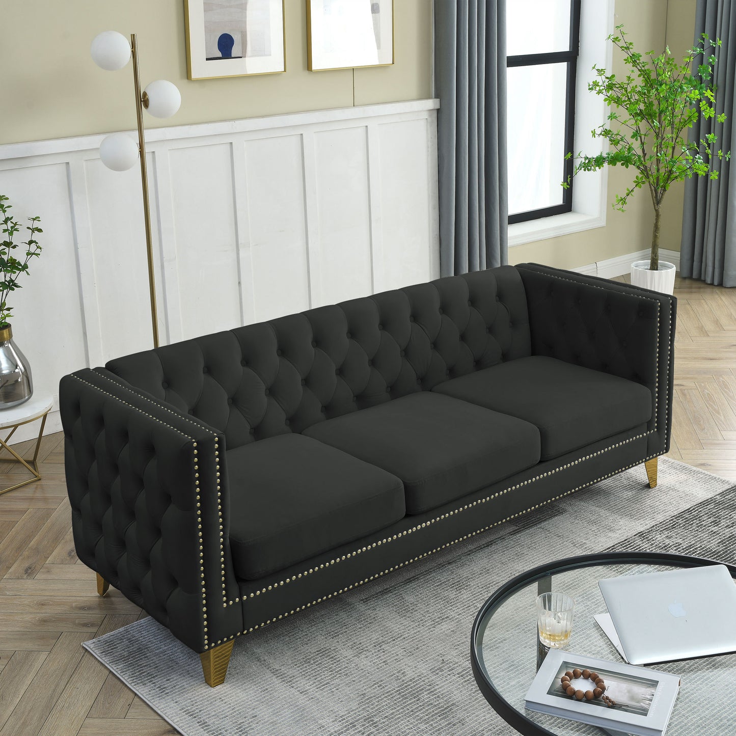 Velvet Sofa for Living Room,Buttons Tufted Square Arm Couch, Modern Couch Upholstered Button and Metal Legs, Sofa Couch for Bedroom, Black Velvet