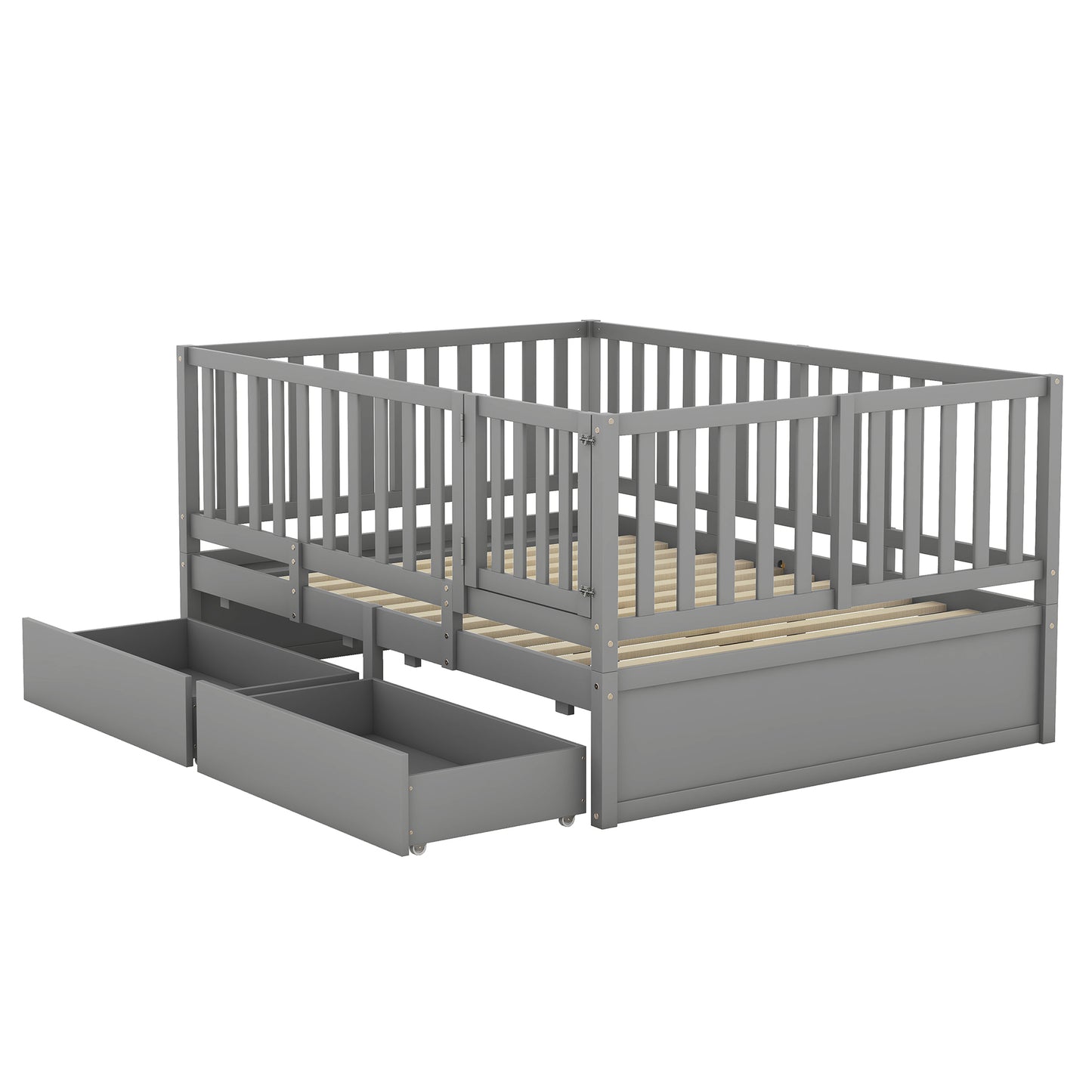 Full Size Wood Daybed with Fence Guardrails and 2 Drawers, Used as Independent Floor Bed & Daybed, Gray