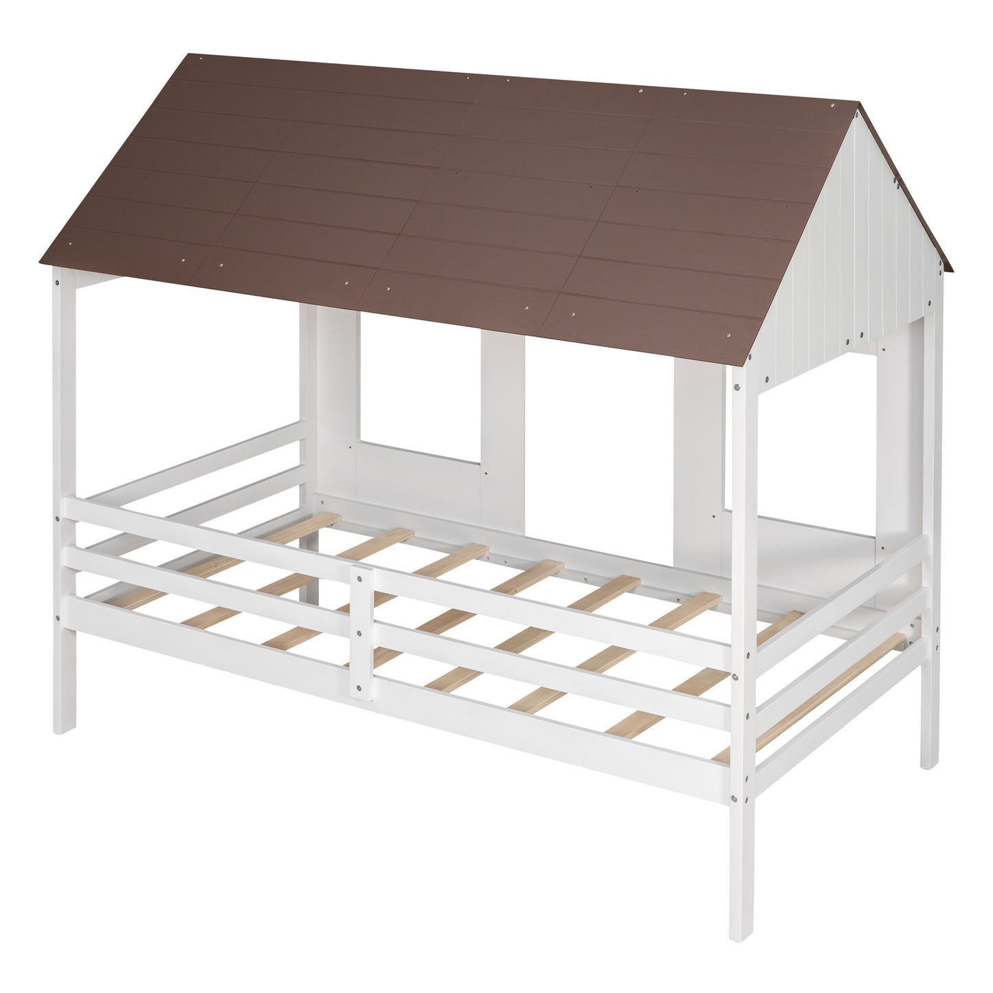 Twin Size Low Loft Wood House Bed with Two Front Windows, (White+Brown Roof)(OLD SKU:LP000039AAH)