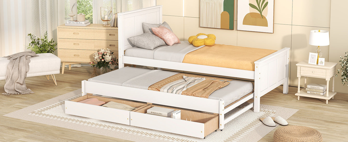 Twin Size Platform Bed with Trundle and Drawers, White