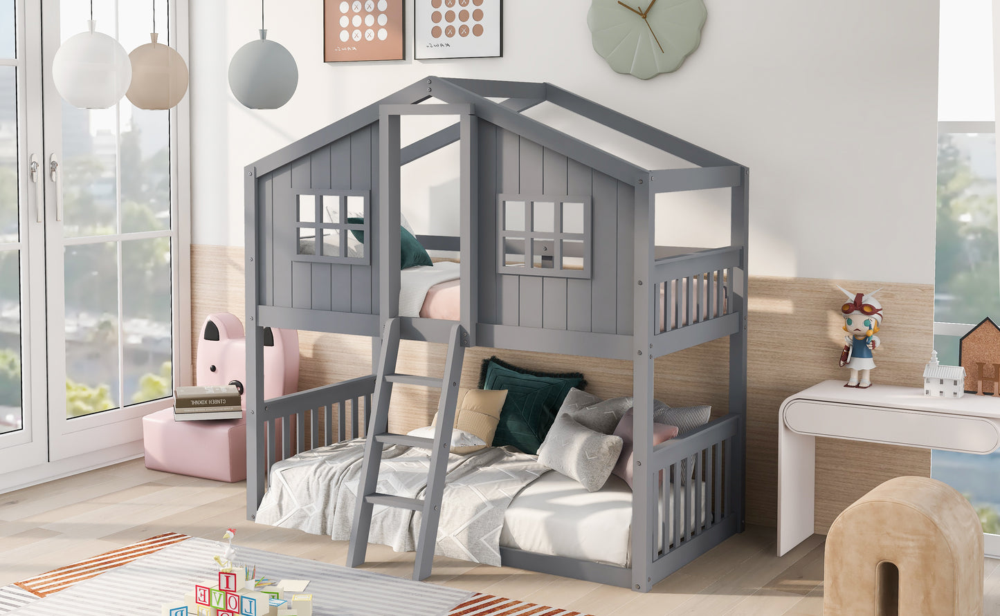 Twin House Bunk Bed with Gray Wood Finish and Ladder