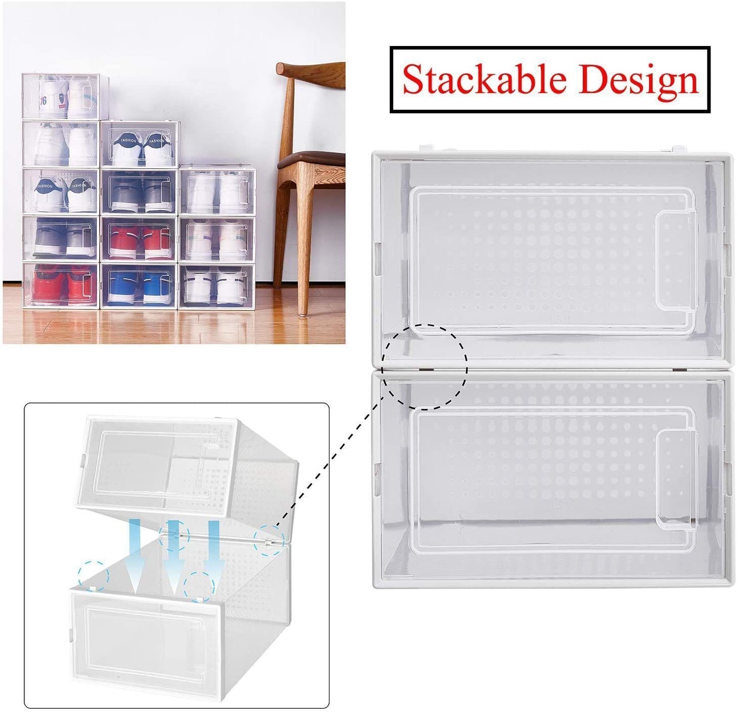 Foldable Shoe Box; Stackable Clear Shoe Storage Box - Storage Bins Shoe Container Organizer; 8 Pack; White