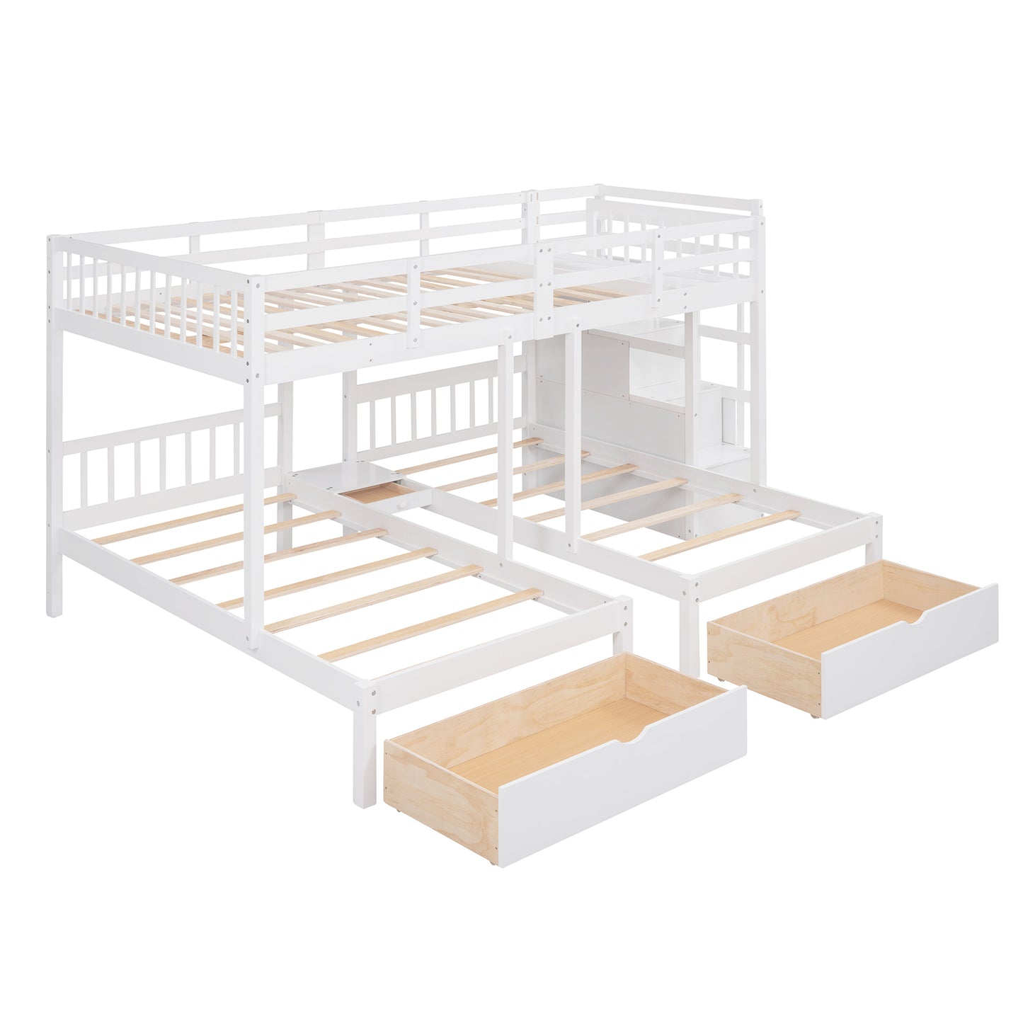 Three-Level Wooden Bunk Bed with Drawers, Full Over Twin & Twin Bunk Bed with Guardrails (White)