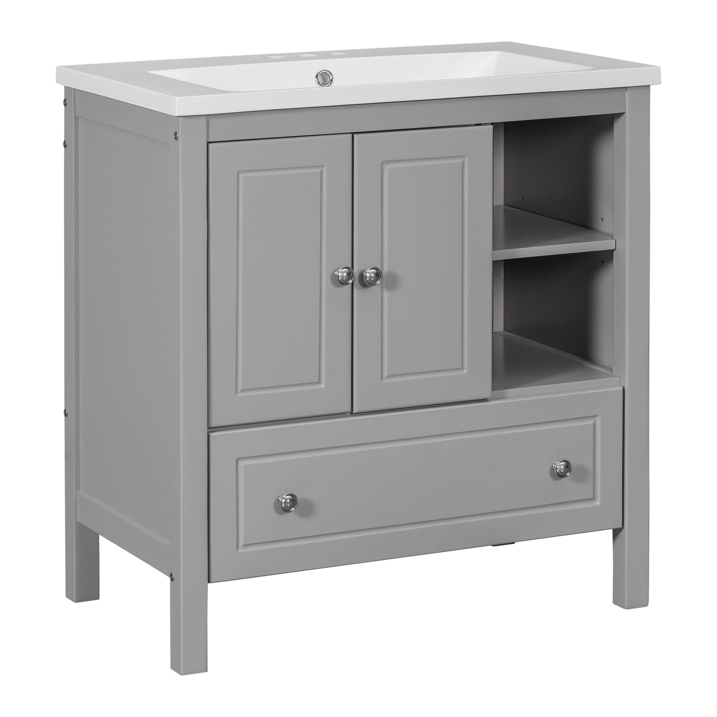 30" Bathroom Vanity with Sink, Bathroom Storage Cabinet with Doors and Drawers, Solid Wood Frame, Ceramic Sink, Grey