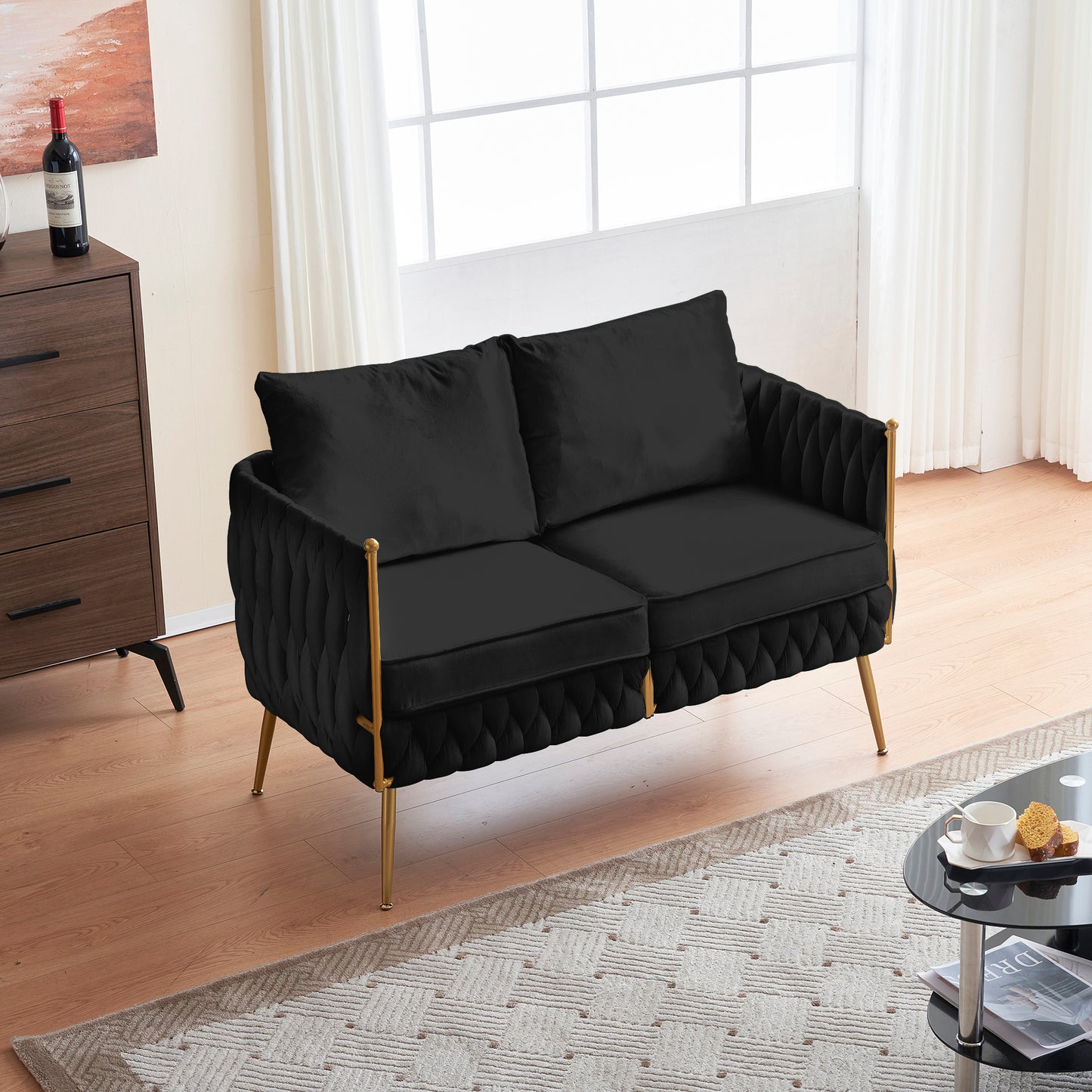 Mid Century Modern Velvet Loveseat Sofa Small Love Seats Handmade Woven & Golden Legs Comfy Couch for Living Room, Upholstered 2 Seater Sofa for Small Apartment , Black Velvet