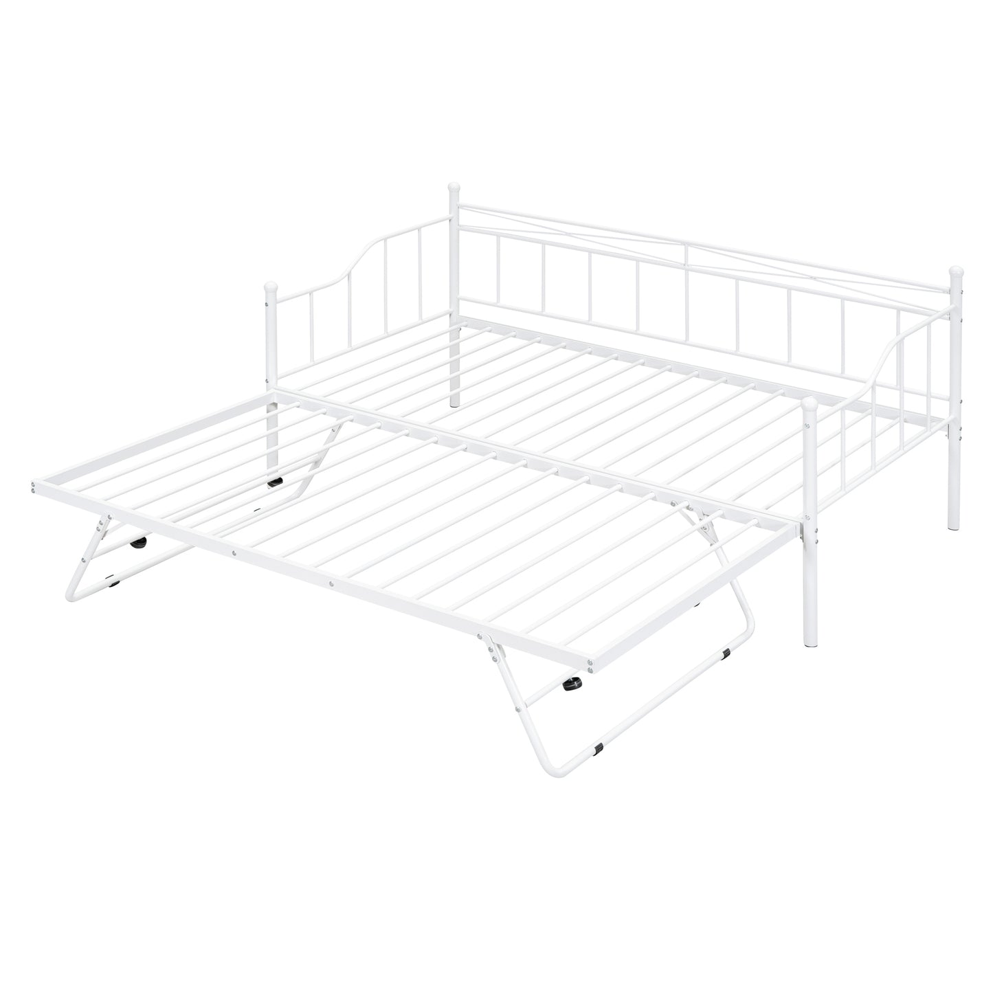 Twin Size Metal Daybed with Twin Size Adjustable Trundle, Portable Folding Trundle, White