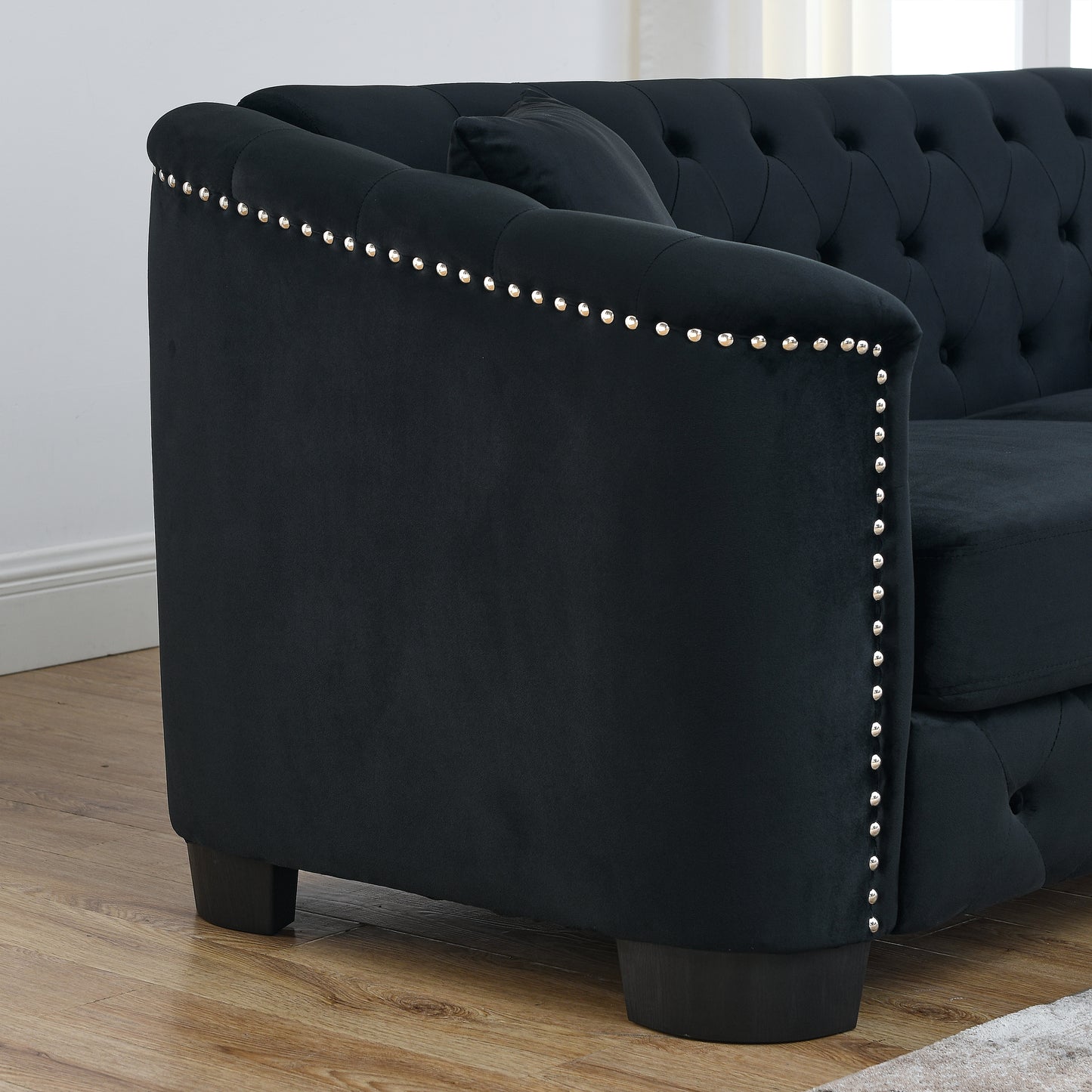 Luxurious 77-Inch Black Velvet Chesterfield Sofa with Nailhead Arms