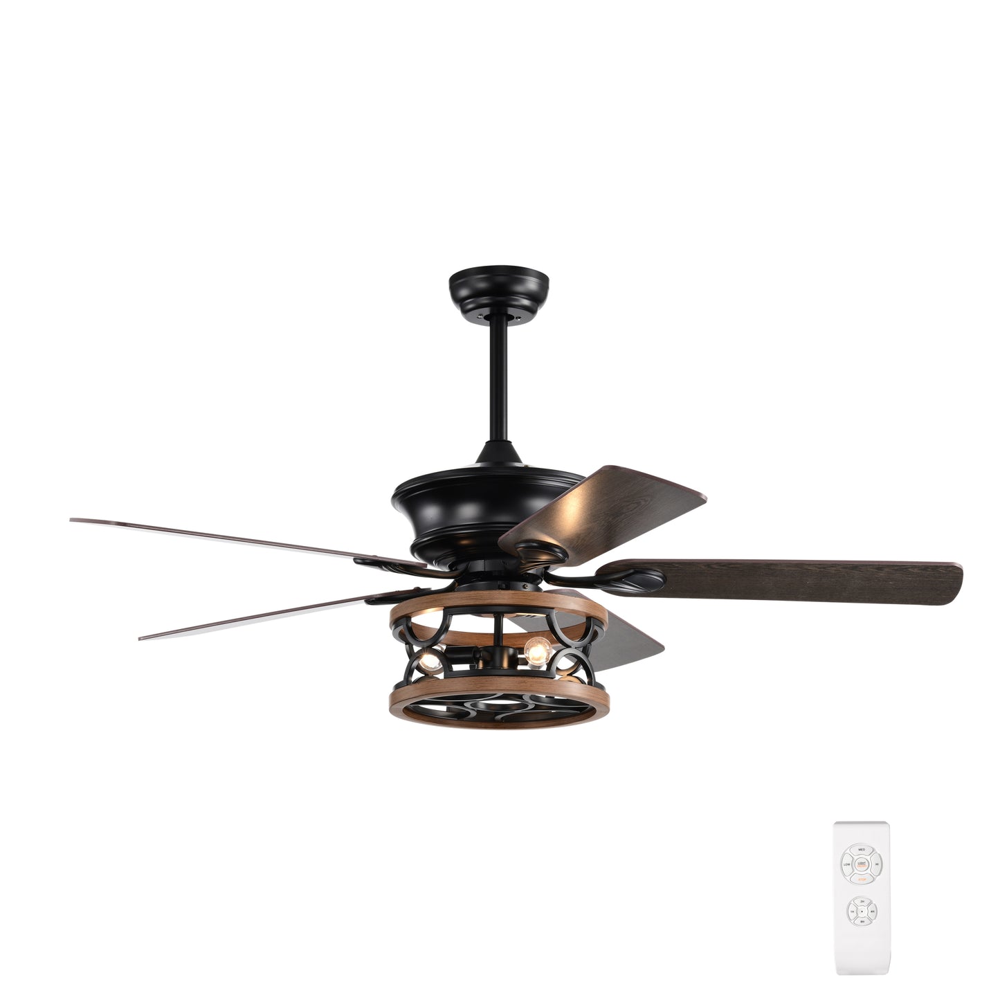 Farmhouse Ceiling Fan with Reversible Airflow, Remote Control, and Caged Light Fixture