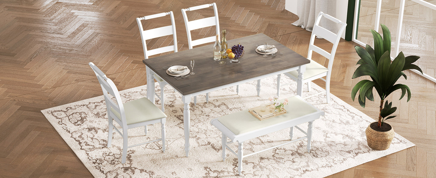 6-peice Dining Set with Turned Legs, Kitchen Table Set with Upholstered Dining Chairs and Bench,Retro Style, White