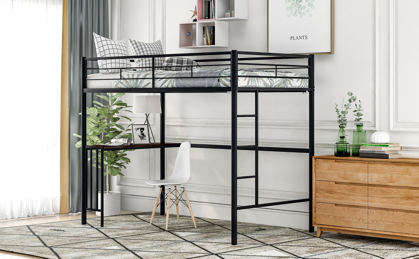 Black Metal Loft Bed with Built-in Study Desk, Ladder, and Guardrails for Twin Size Mattress