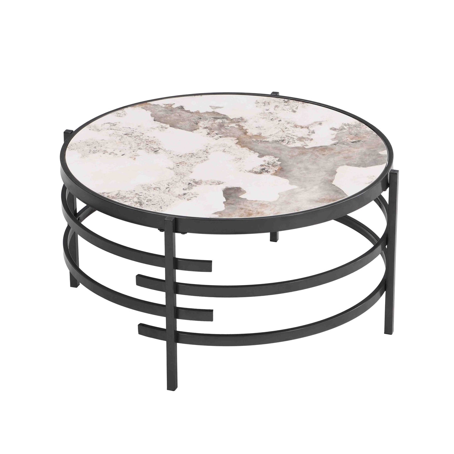 Modern Round Coffee Table with Sintered Stone Top and Robust Metal Frame, Stylish Living Room Centerpiece in Dark Gray