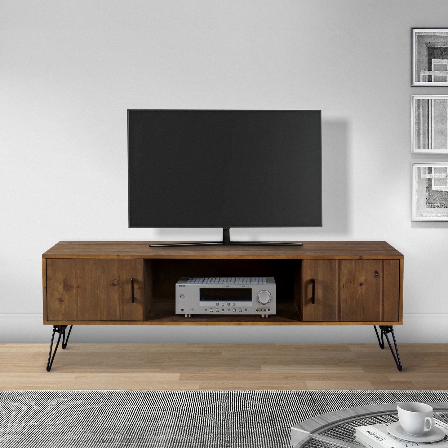 Clive 60 Inch Reclaimed Wood Farmhouse Media Console with Iron Legs, Natural Brown and Rustic Style