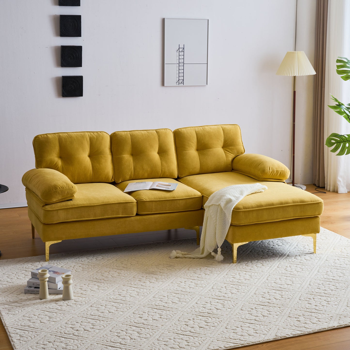 Modern Yellow Velvet L-Shaped Sectional Sofa for Living Room or Bedroom