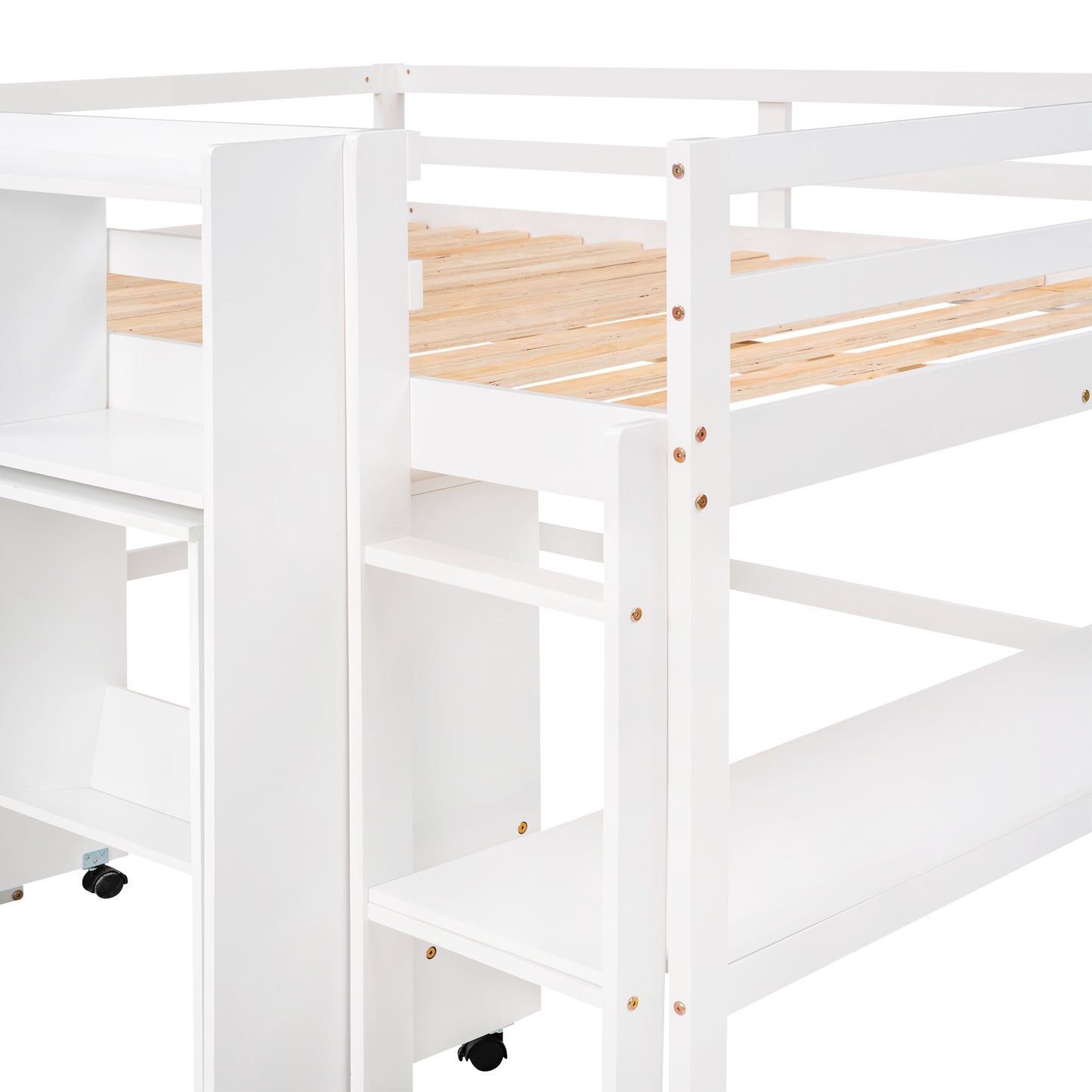 Full Size Low Loft Bed with Rolling Portable Desk, Drawers and Shelves, White(: GX000711AAK)