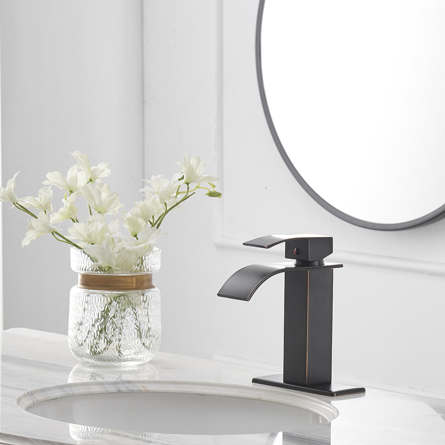 Bronze Waterfall Bathroom Faucet with Single Handle and Pop-up Drain