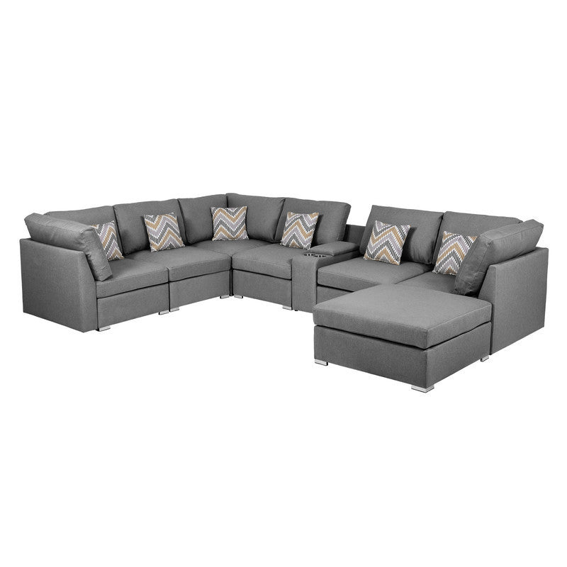 Amira Gray Fabric Modular Sectional Sofa with USB Console and Ottoman Shimano