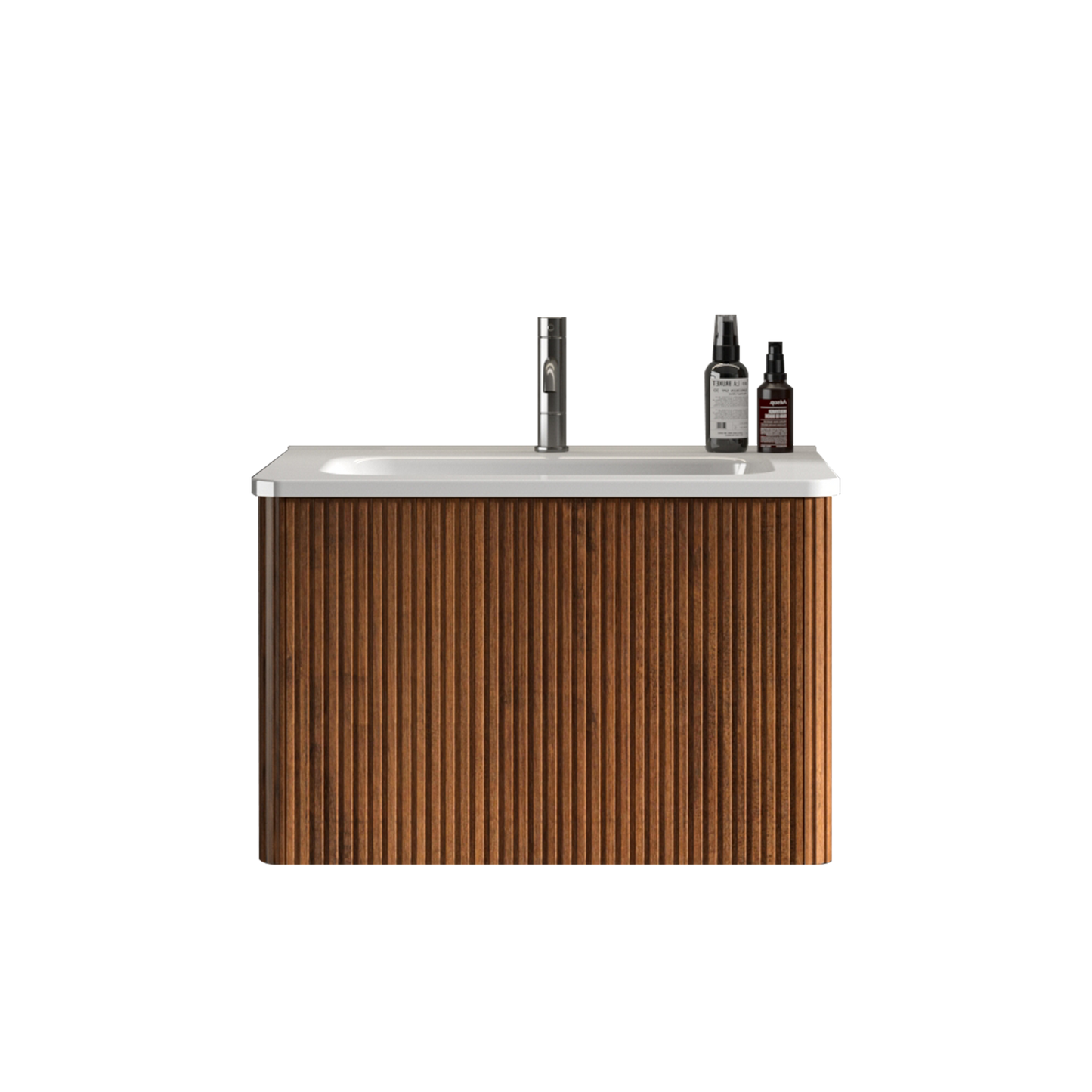 U046-Etna24W-305 Etna 24" Striped Walnut Bathroom Vanity with White Ceramic Sink, Wall Mounted Floating Bathroom Vanity for Modern Bathroom, One-Piece White Sink Basin without Drain and Faucet