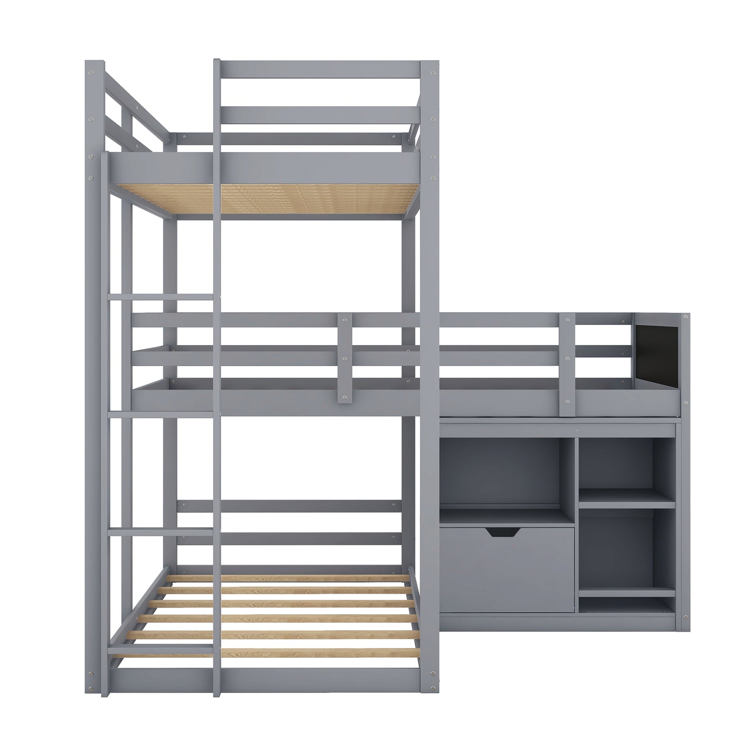 Gray L-shaped Triple Bunk Bed with Storage and Blackboard