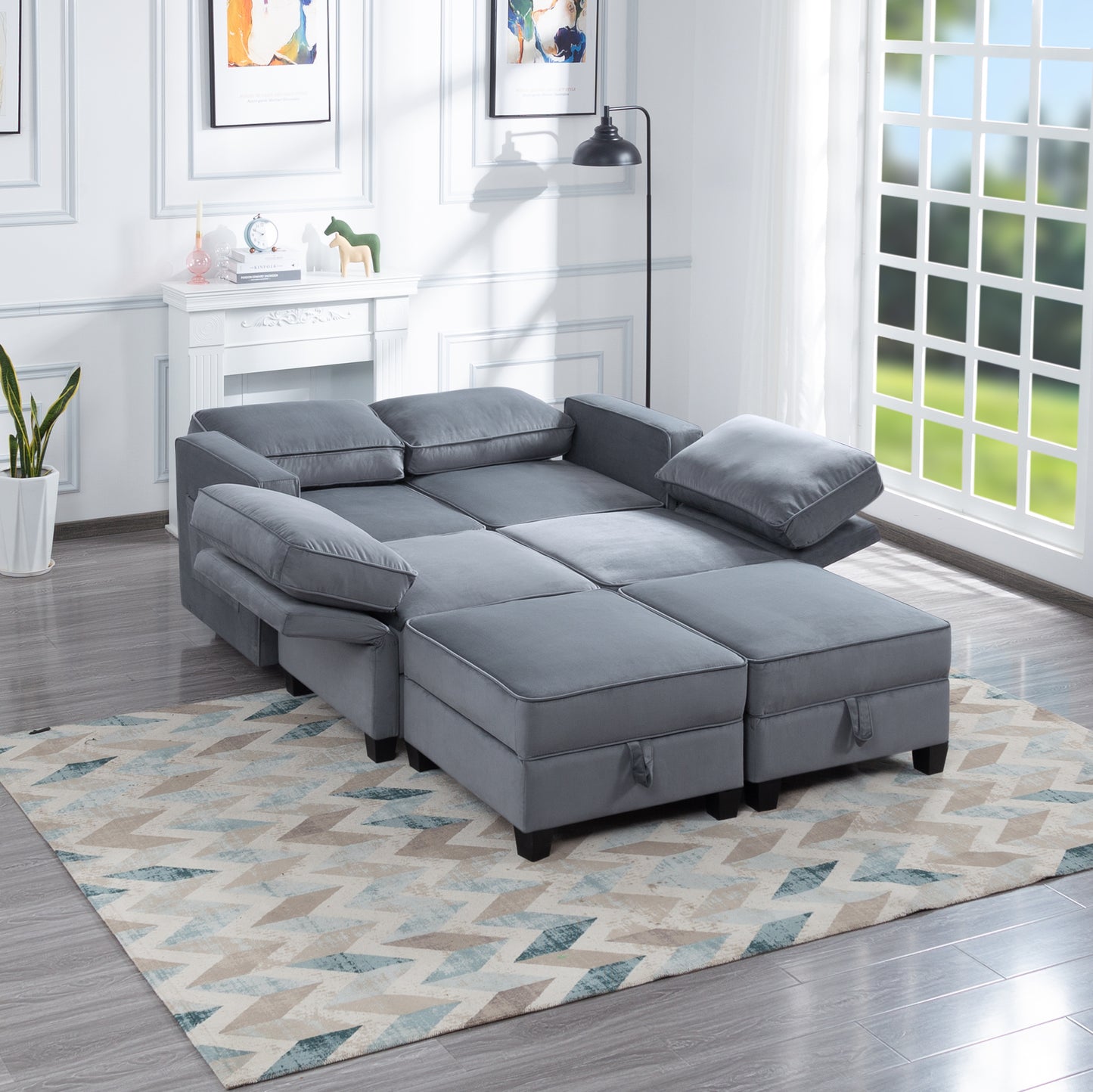 116'' Symmetrical Modular Sectional Sofa with Ottoman in Dark Gray Velvet