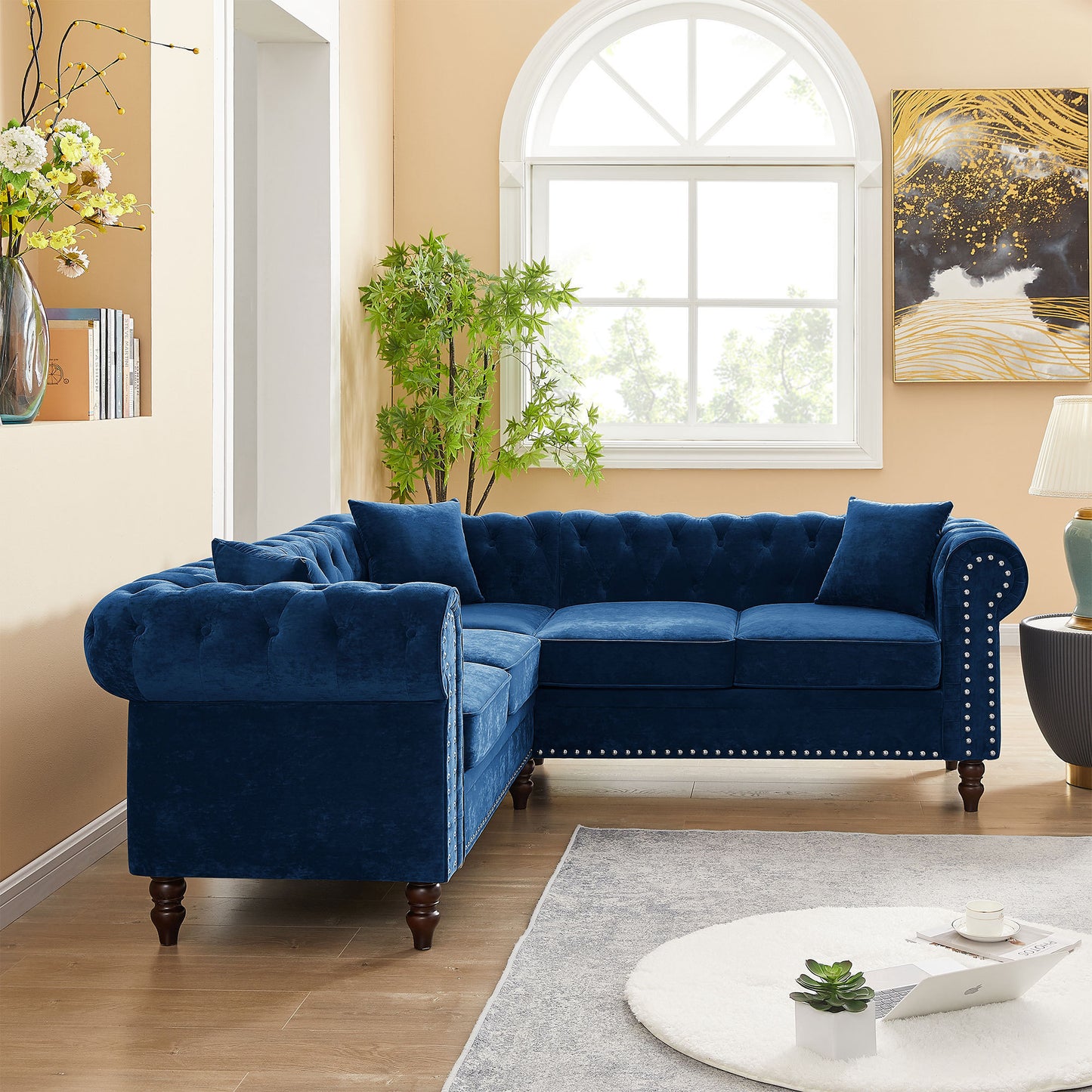 Luxurious Blue Velvet L-shaped Chesterfield Sofa with Deep Button Tufting