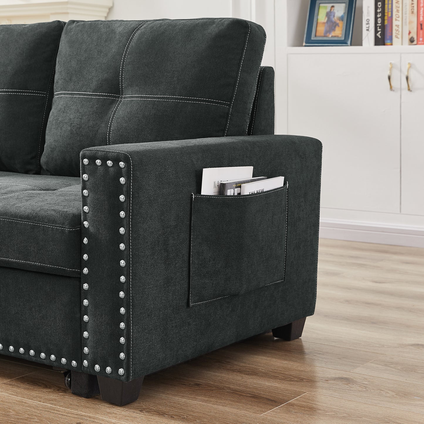 Sleeper Sofa Sectional with Reversible Storage Chaise and Side Storage Bag, Black Fabric, Modern Design