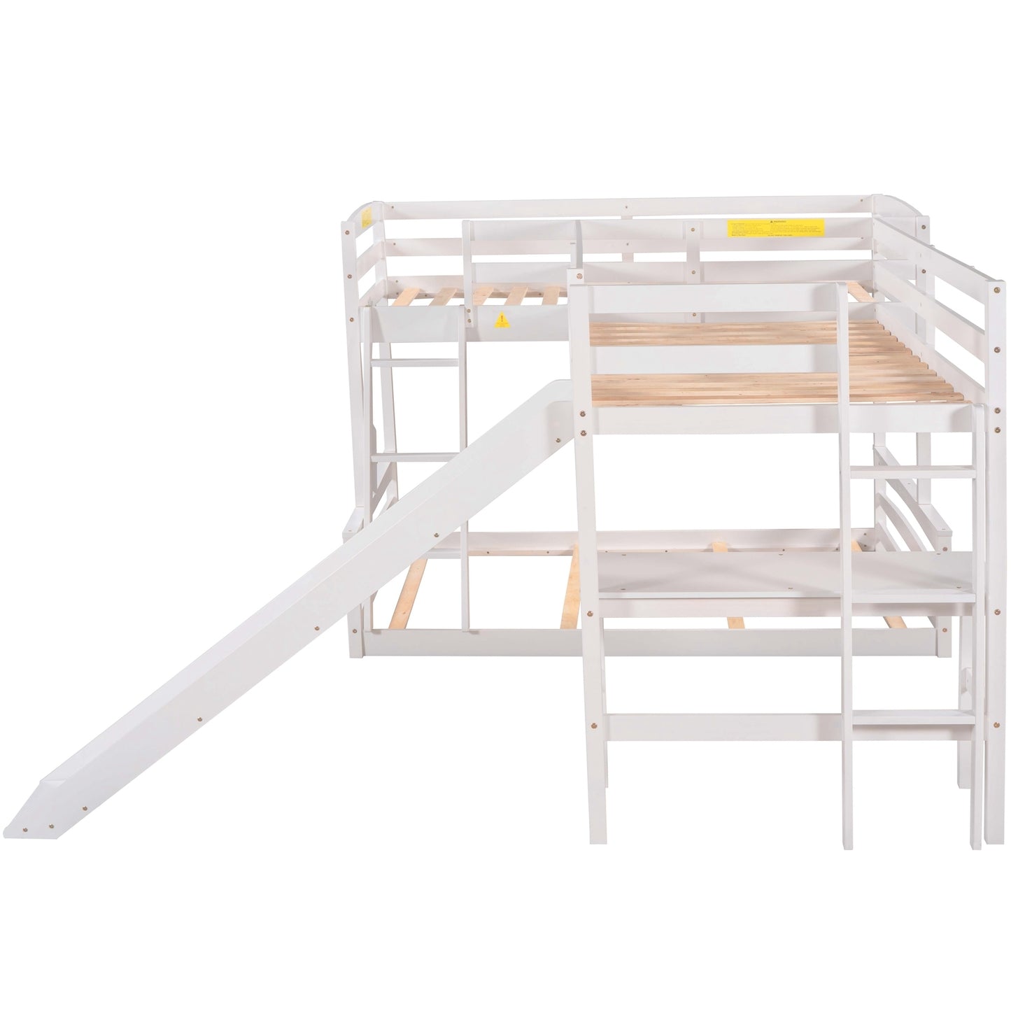 Combined L-Shaped Loft Bunk Bed Set with Desk, Slide & Guardrail in White