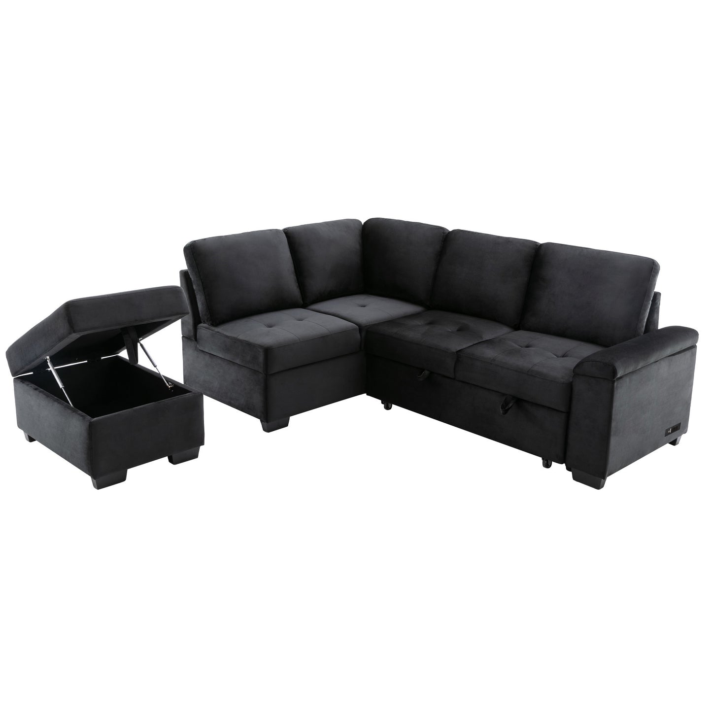 L-Shaped Sleeper Sectional Sofa with Storage Ottoman, USB Charge, and Hidden Arm Storage in Black Velvet