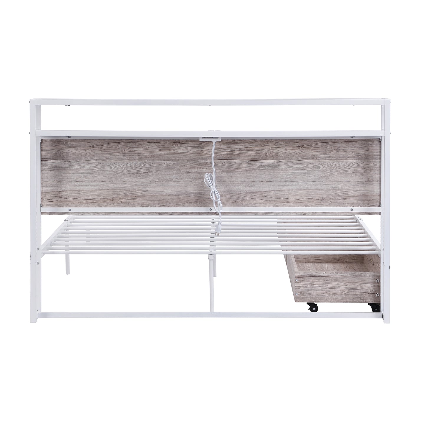 Queen Size Metal Platform Bed Frame with Two Drawers,Sockets and USB Ports ,Slat Support No Box Spring Needed  White