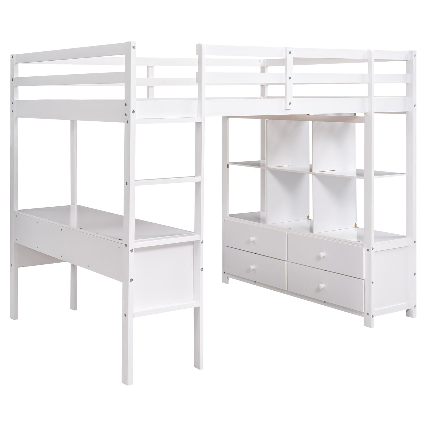 Full Size Loft Bed with Built-in Desk with Two Drawers, and Storage Shelves and Drawers,White