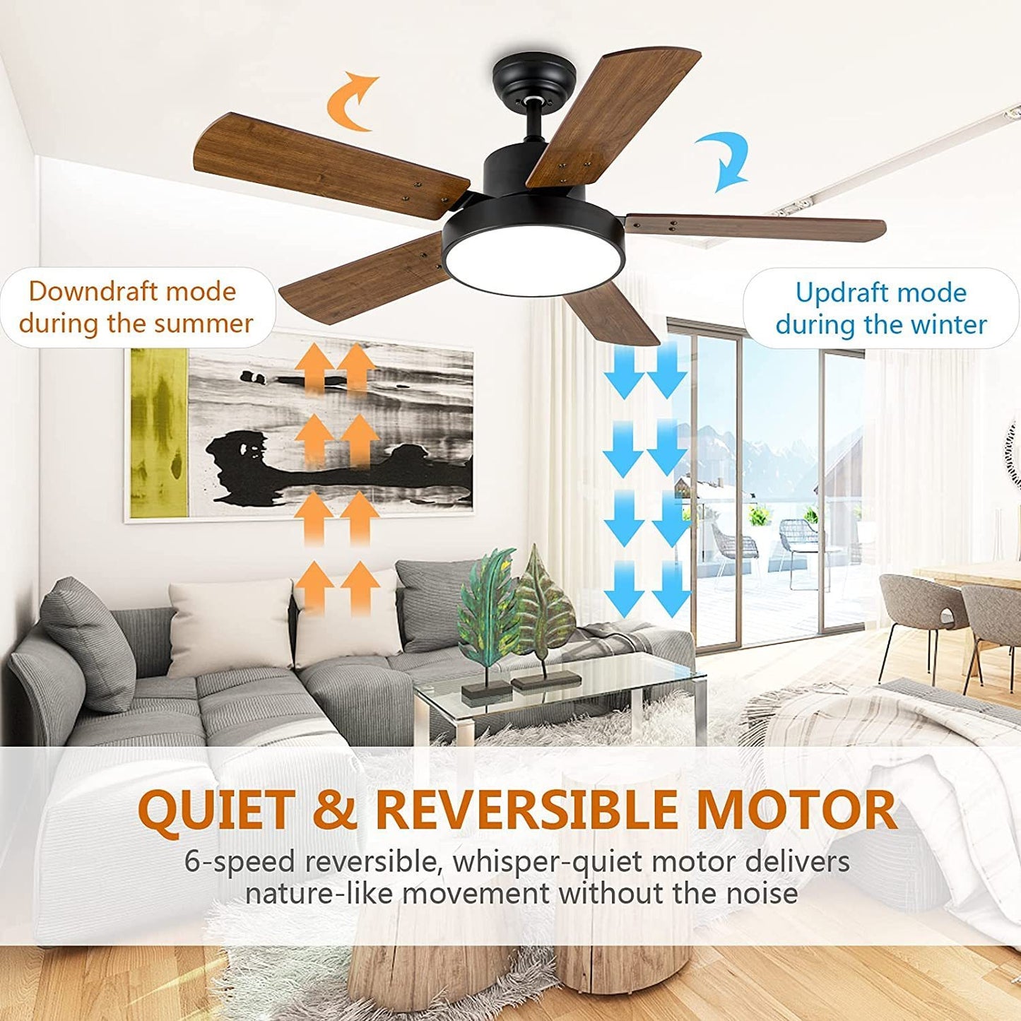 Elegant 44-inch Ceiling Fan with LED Light and Remote Control, 6-Speed Modes, 2 Rotating Modes, Timer