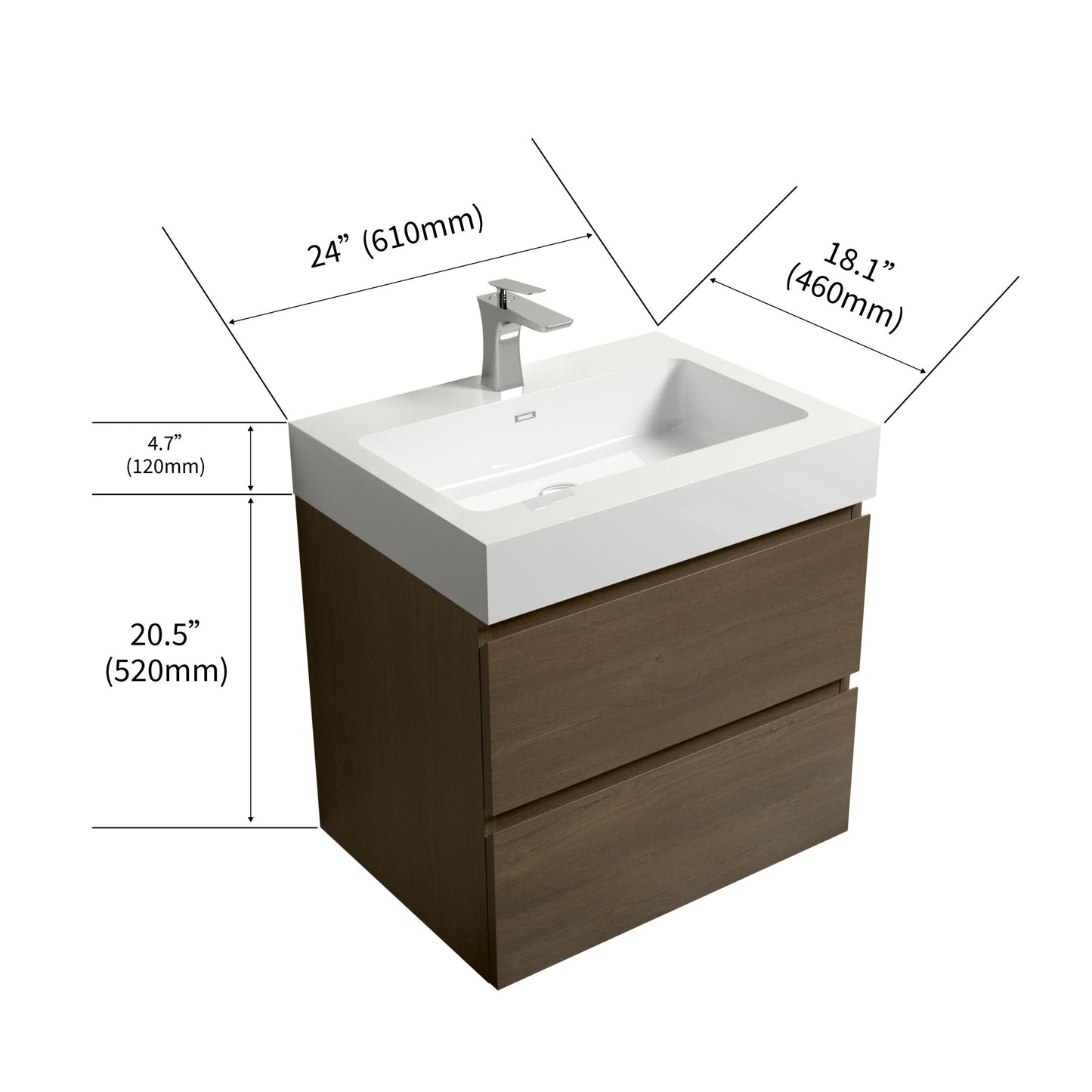 U037-Alice24-111 Alice 24" Dark Oak Bathroom Vanity with Sink, Large Storage Wall Mounted Floating Bathroom Vanity for Modern Bathroom, One-Piece Black Sink Basin without Drain and Faucet