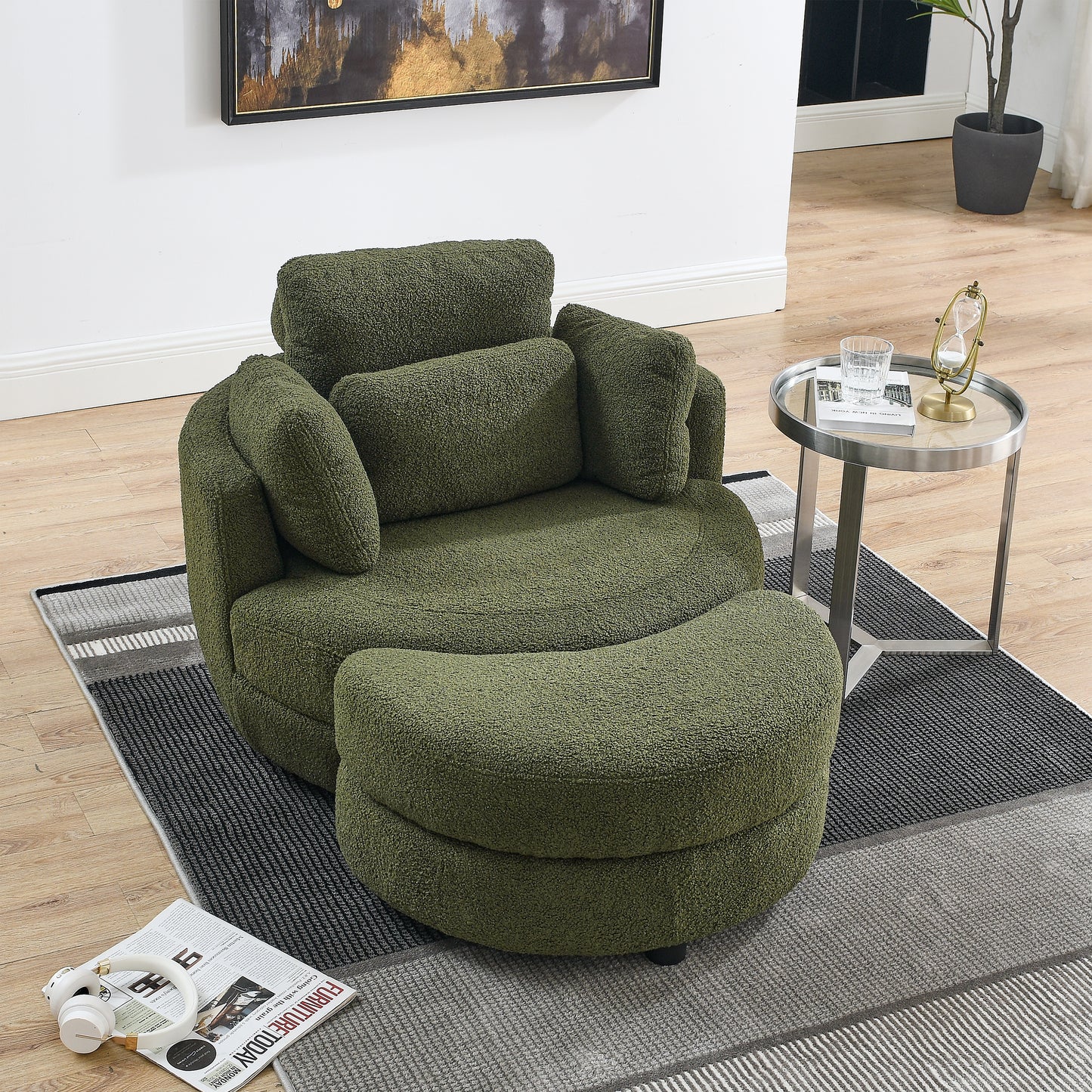 Oversized Swivel Chair with Ottoman and Pillows