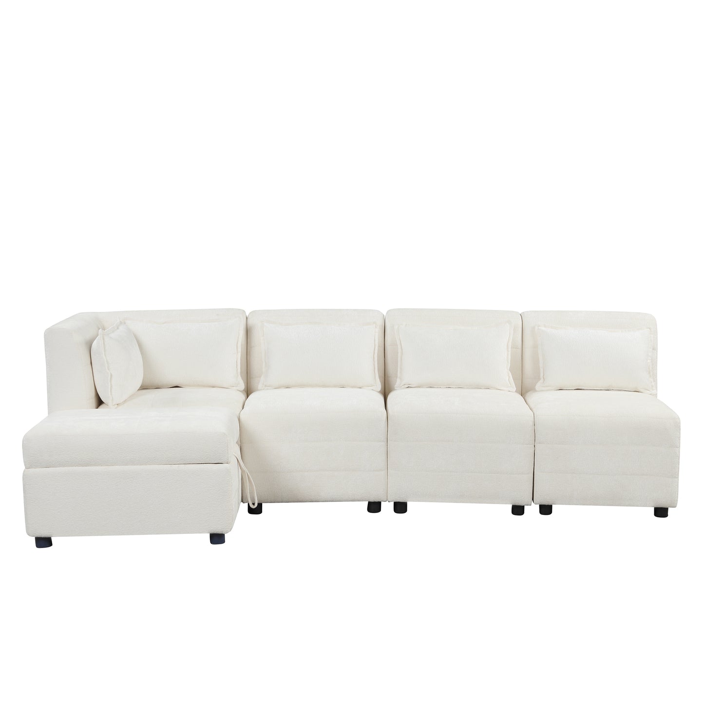 Cream 5-Seater Modular Sectional Sofa with Storage Ottoman and 5 Pillows