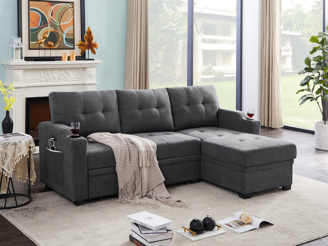 Mabel Dark Grey Fabric Sleeper Sectional with Cupholder, USB Charging Port, and Storage Pocket