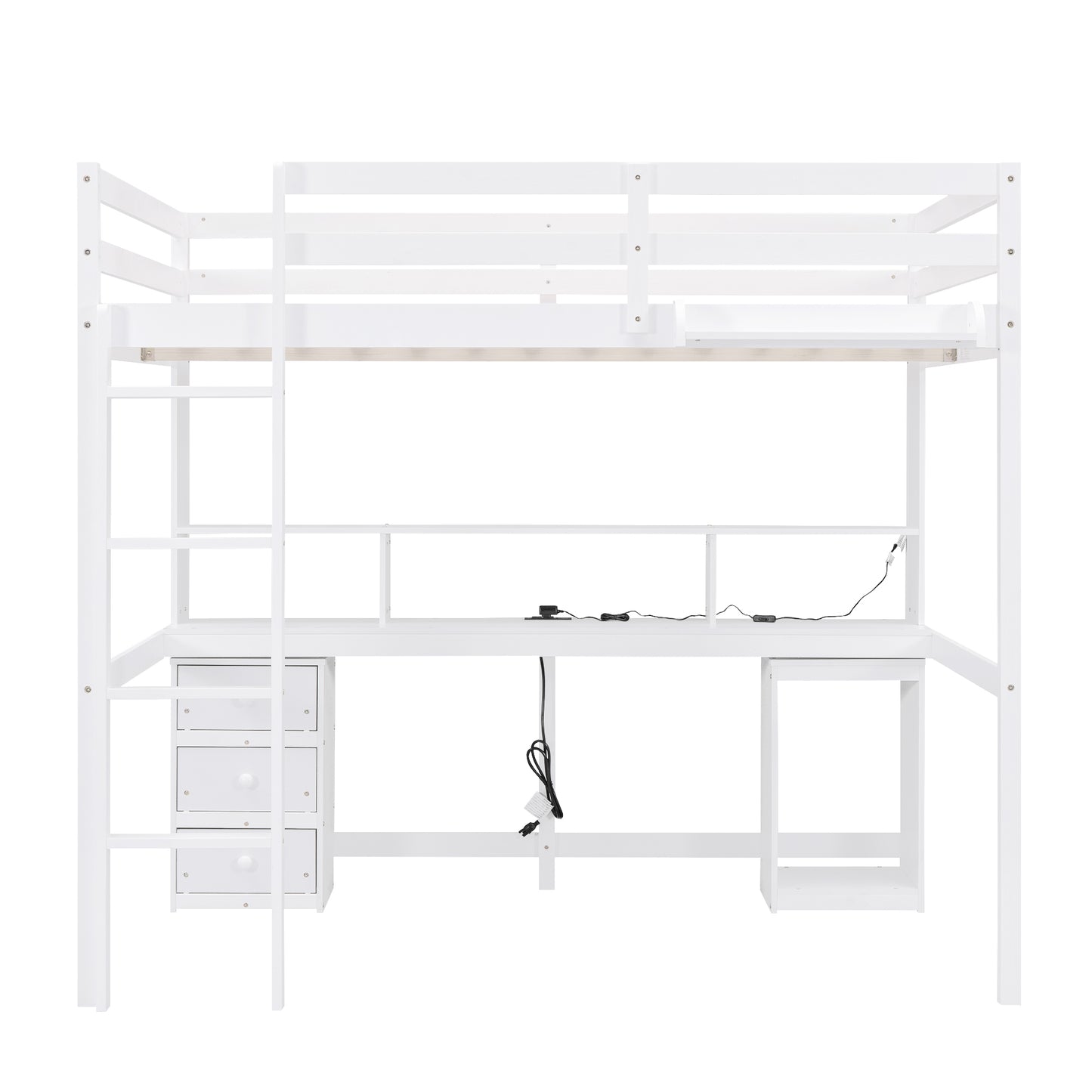 Full Size Loft Bed with Multi-storage Desk, LED light and Bedside Tray, Charging Station, White