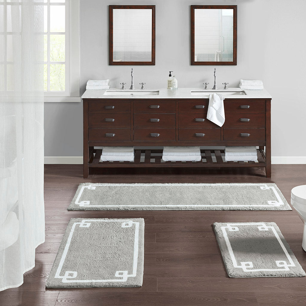 Soft Grey Cotton Bath Rug with Elegant White Border - 24x72