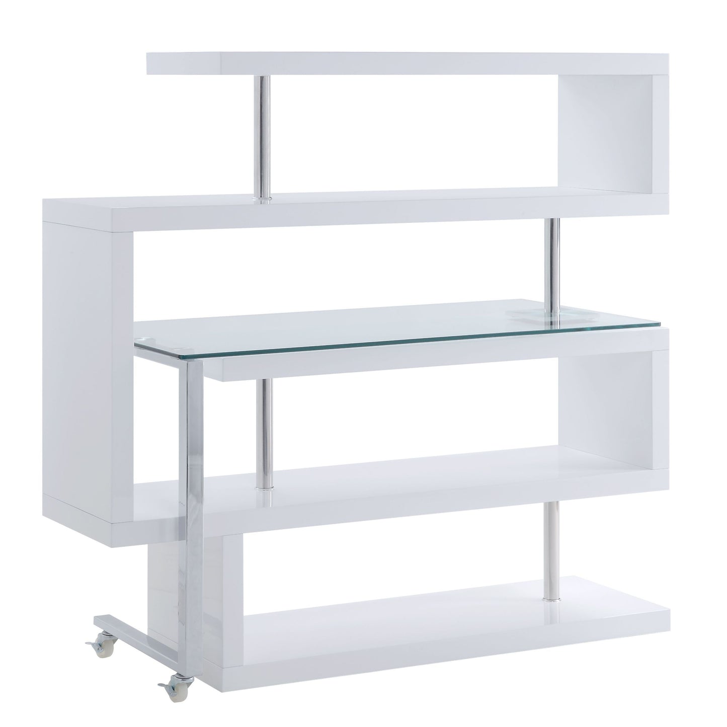 Sleek Clear Glass Writing Desk with Curved Shelf and White & Chrome Finish