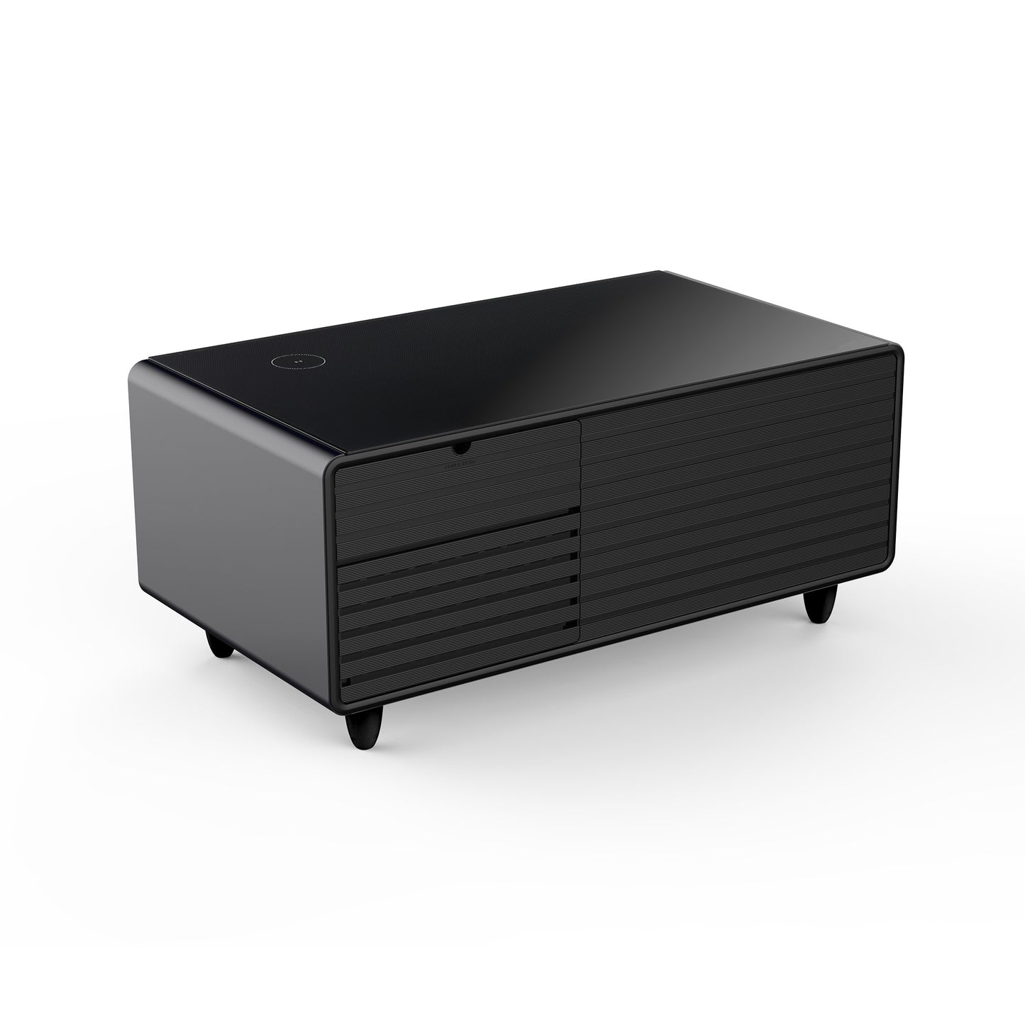 Black Smart Coffee Table with Refrigerated Storage, Wireless Charging, and Power Outlets