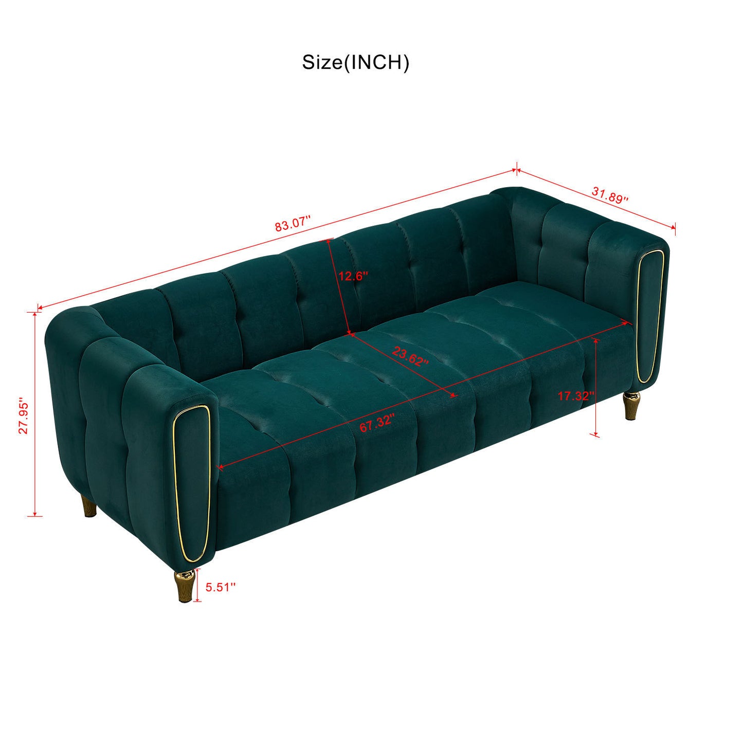 Modern Velvet Sofa 83.07 inch for Living Room Green Color