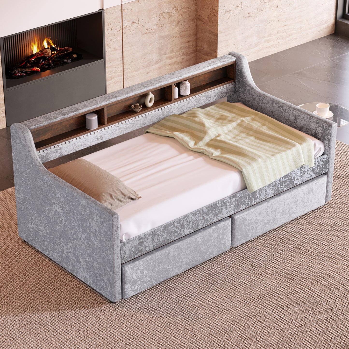 Twin Size Snowflake Velvet Daybed with Two Storage Drawers and Built-in Storage Shelves,Gray