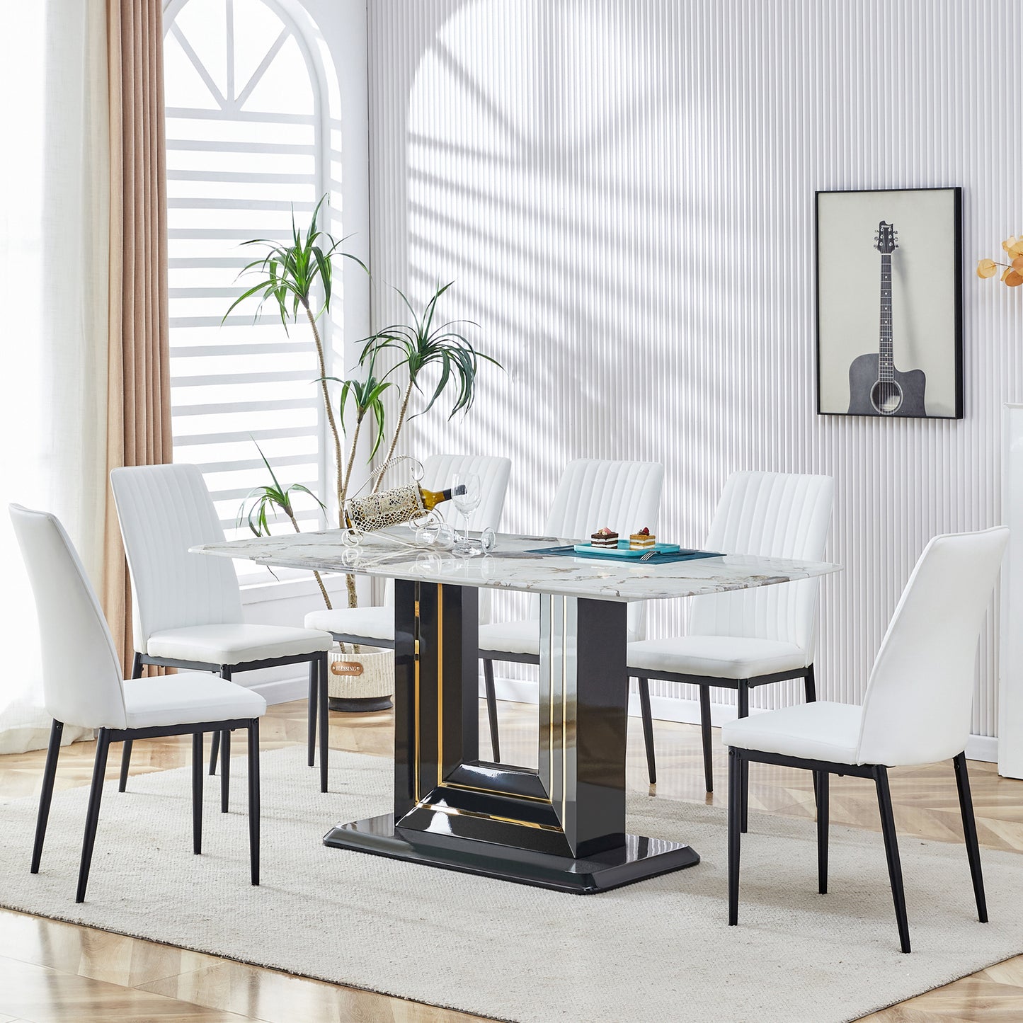 7-Piece Faux Marble Dining Table Set, Glass Rectangular Kitchen Table for 6-8, Modern White Faux Marble Dining Room Table with MDF Base, Dining Table & 6 Chairs