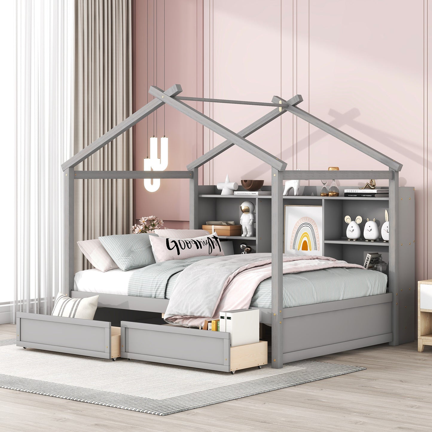 Full Size House Bed with Storage Shelves and 2 Drawers, Brushed Gray