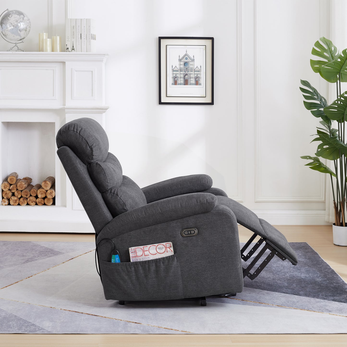 Electric Power Lift Recliner Chair with Massage and Heating - Grey Linen Fabric and USB Port