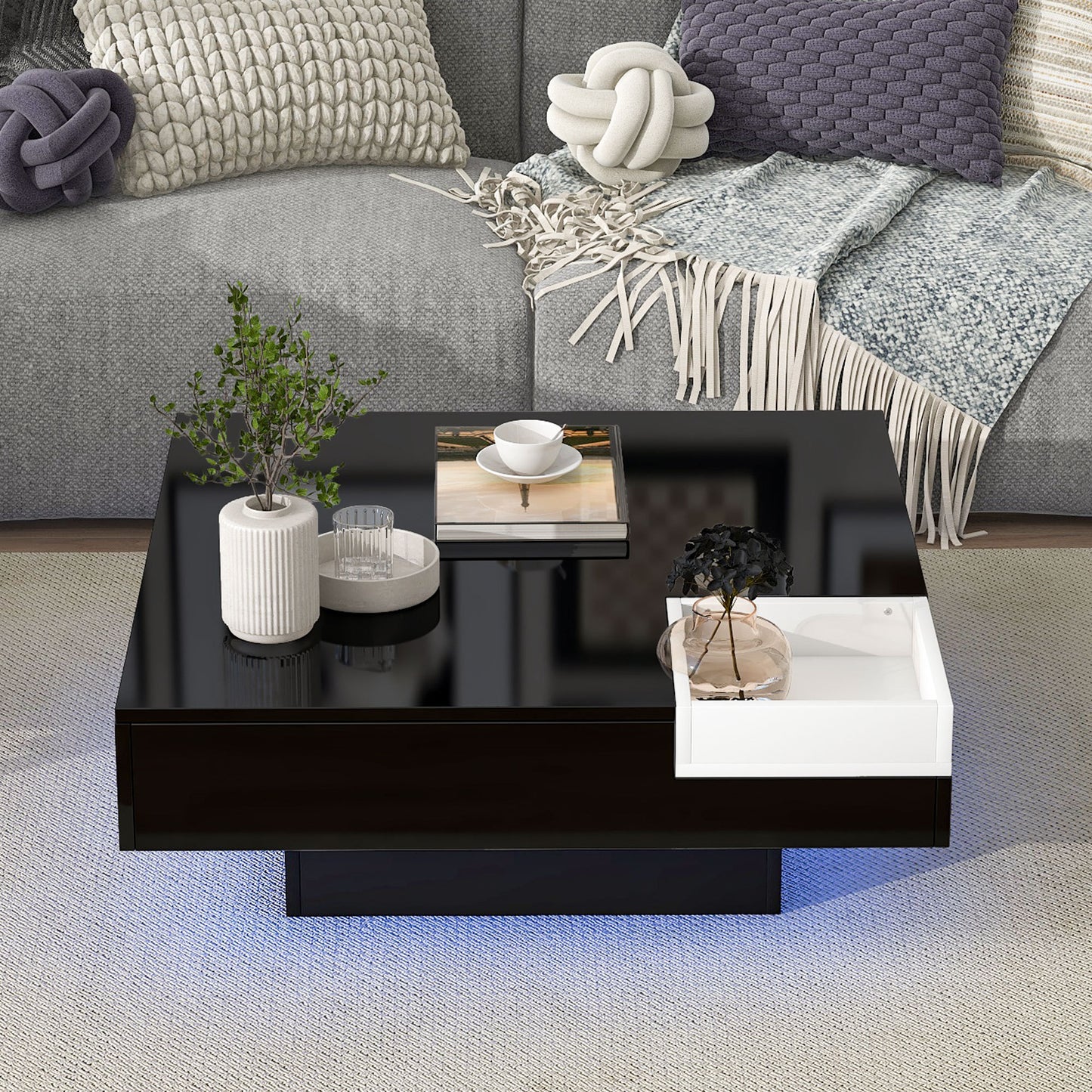 Chic Minimalist Square Coffee Table with LED Strip Lights and Tray